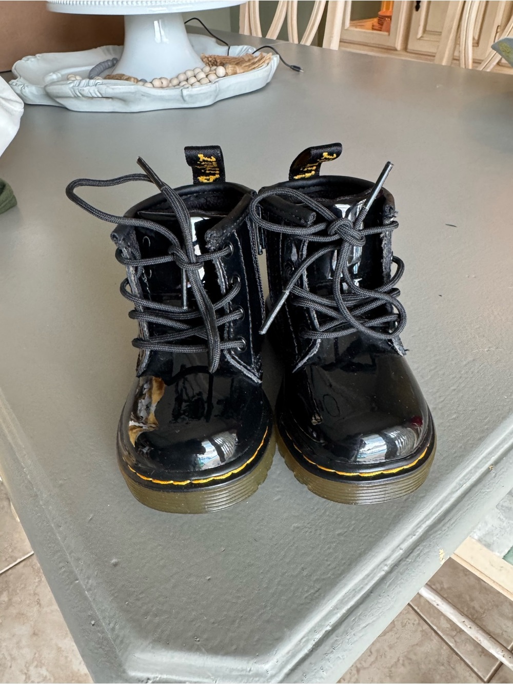 Toddler size 5 Dr. Martens Black Patent Lace-Up Boots with Yellow Heel Loop